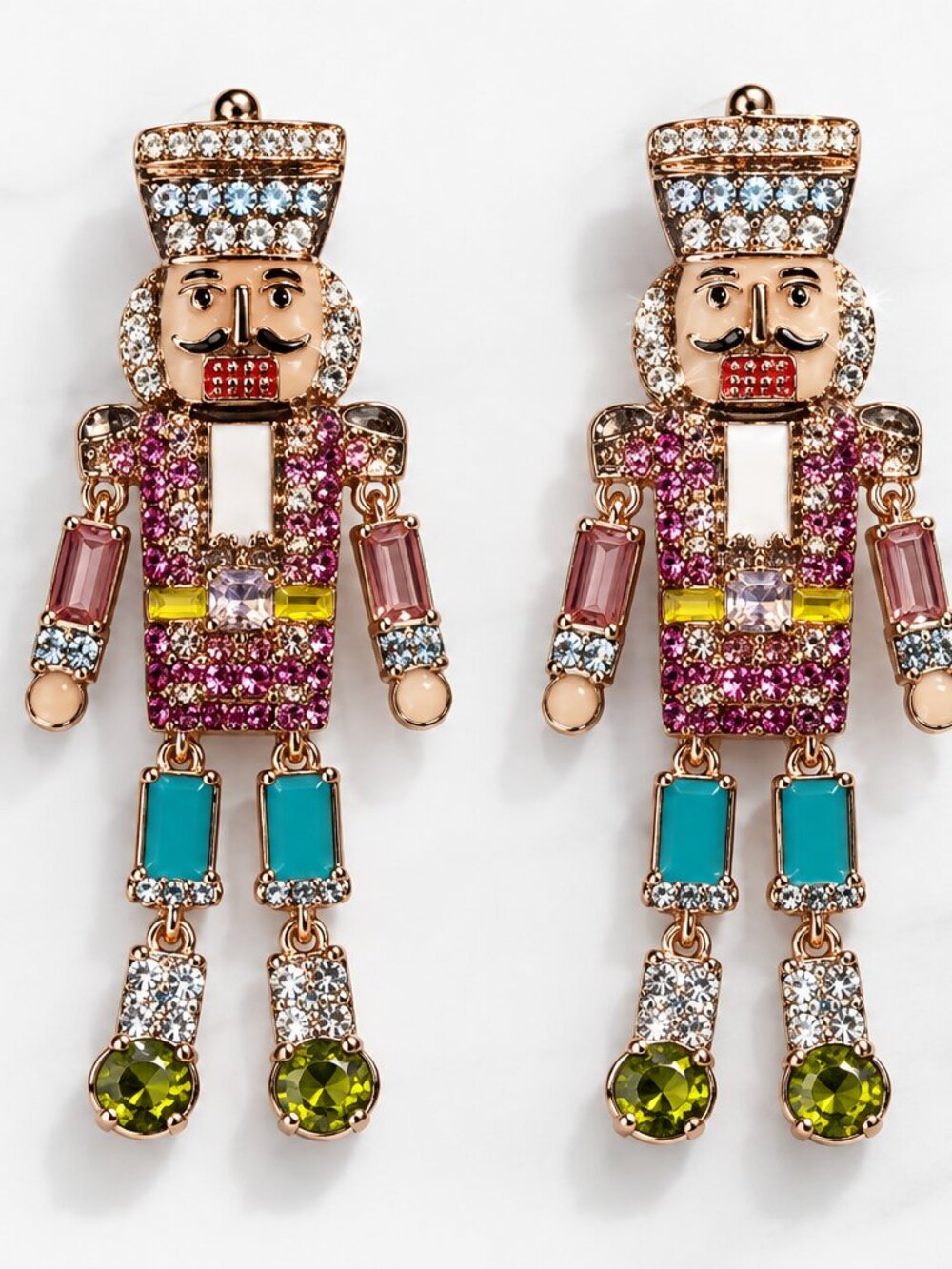 Christmas Nutcracker Crystal Dangle Earrings Pink Blue Green Holiday